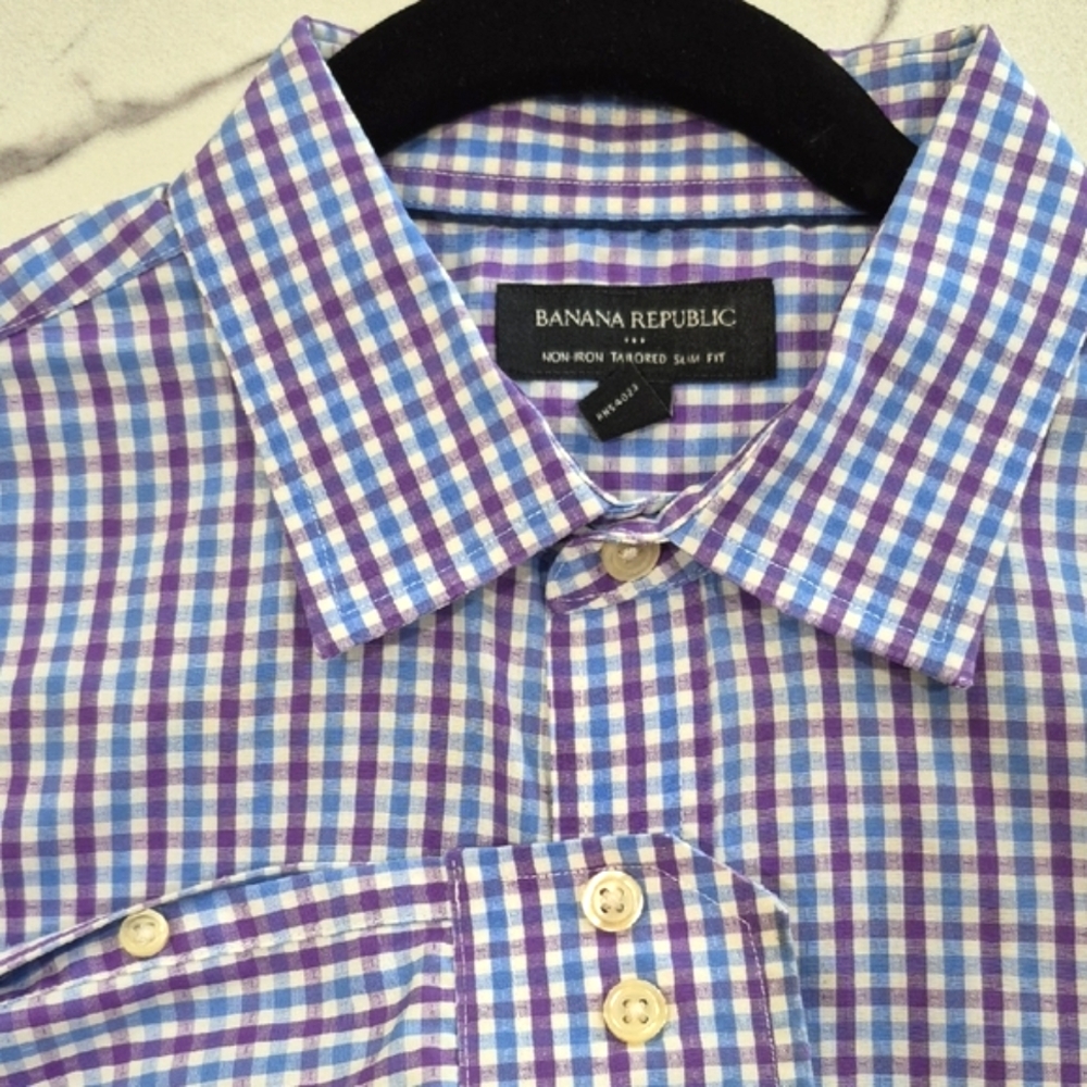 EUC Banana Republic Dress Shirt Purple & Blue Gingham Plaid, Medium